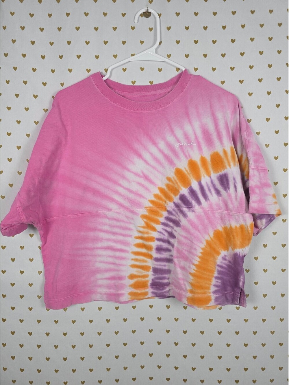 Victorias Secret PINK Tye Dye Cropped Oversized Tee shirt LOVE SMALL